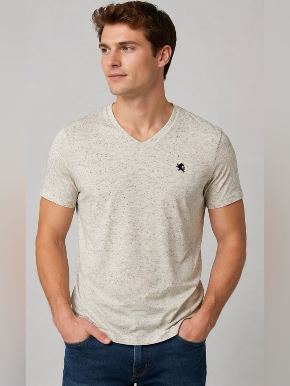 Express Men’s V-Neck T-Shirt Size Large | Beige Speckled Tee | New